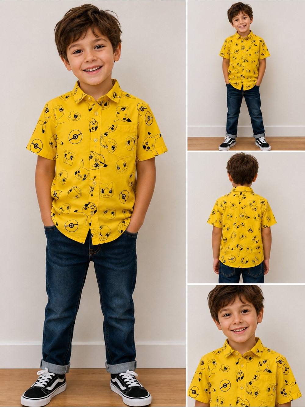 Pokémon Pikachu Button Up Shirt Kids Size 6 Yellow Anime Graphic Top